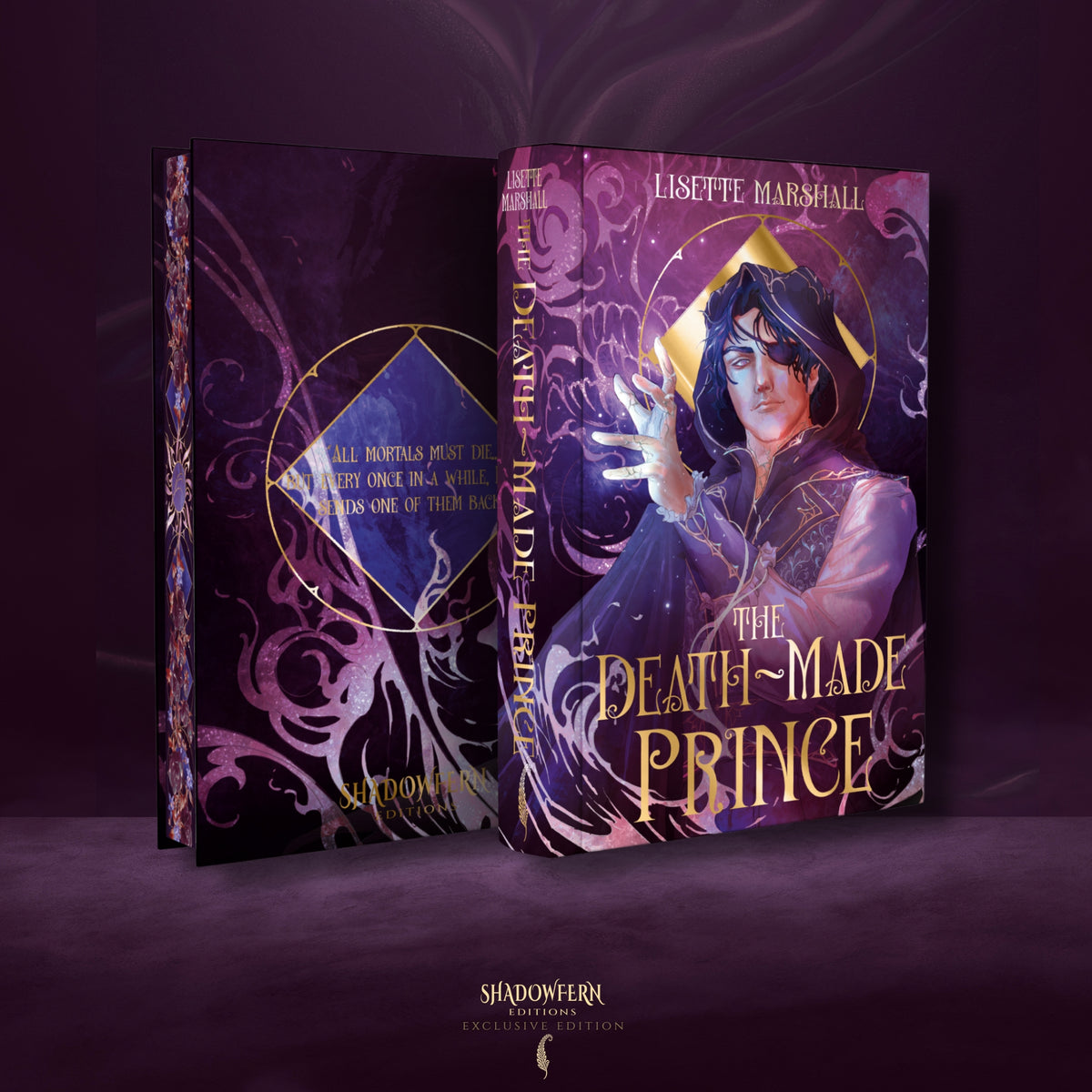 Shadowfern Editions special edition hardcover of The Death-Made Prince by Lisette Marshall, featuring exclusive illustrated cover artwork, purple foiling and decorative sprayed edges.