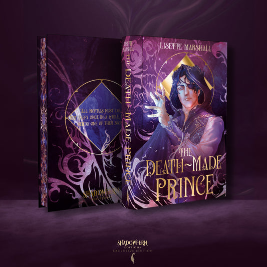 Shadowfern Editions special edition hardcover of The Death-Made Prince by Lisette Marshall, featuring exclusive illustrated cover artwork, purple foiling and decorative sprayed edges.