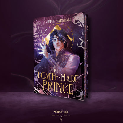 Front cover of The Death-Made Prince special edition by Lisette Marshall, featuring a dark-haired character surrounded by purple magical artwork and ornate gold lettering.