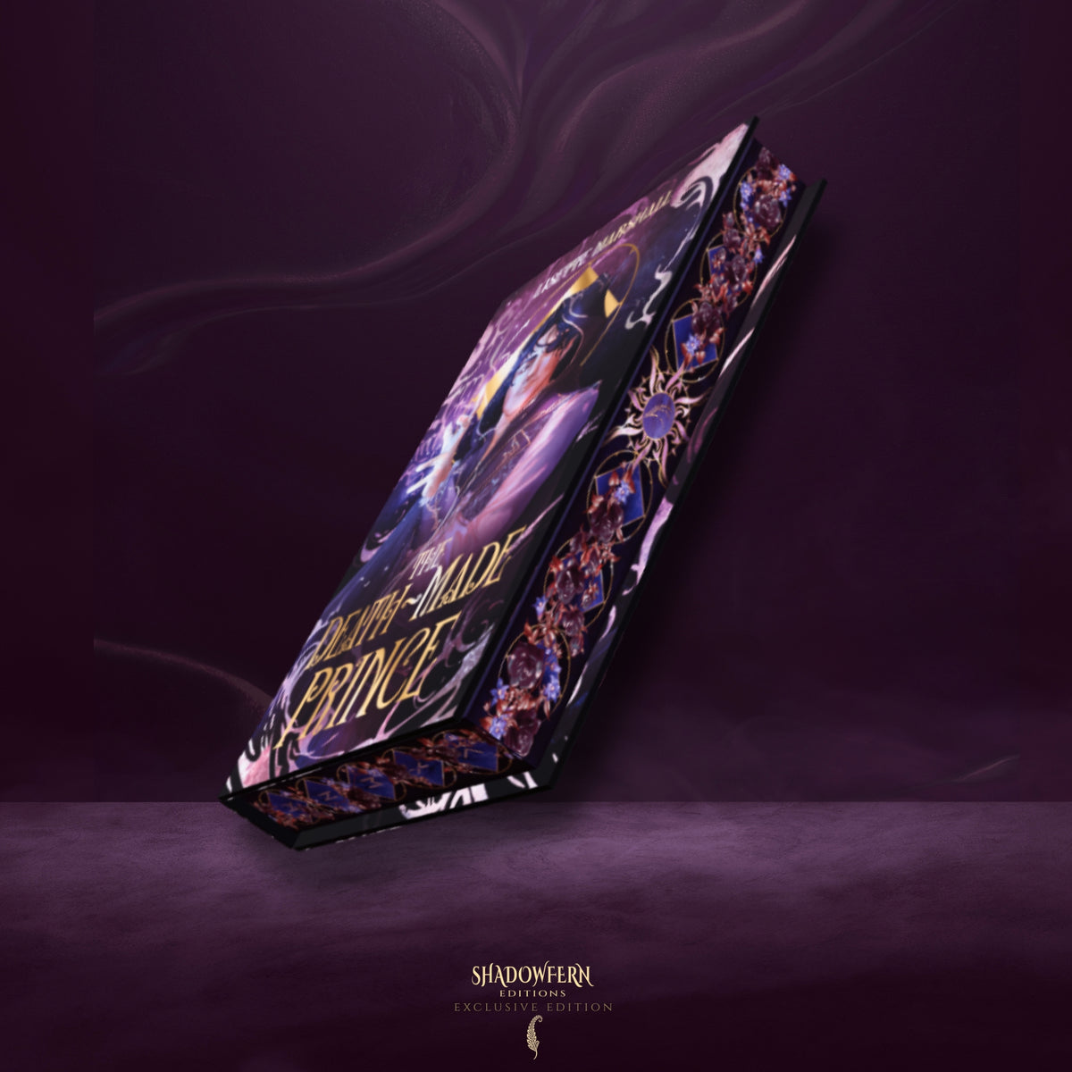 Angled view of The Death-Made Prince special edition hardcover showcasing its intricate purple and blue digitally sprayed edges.