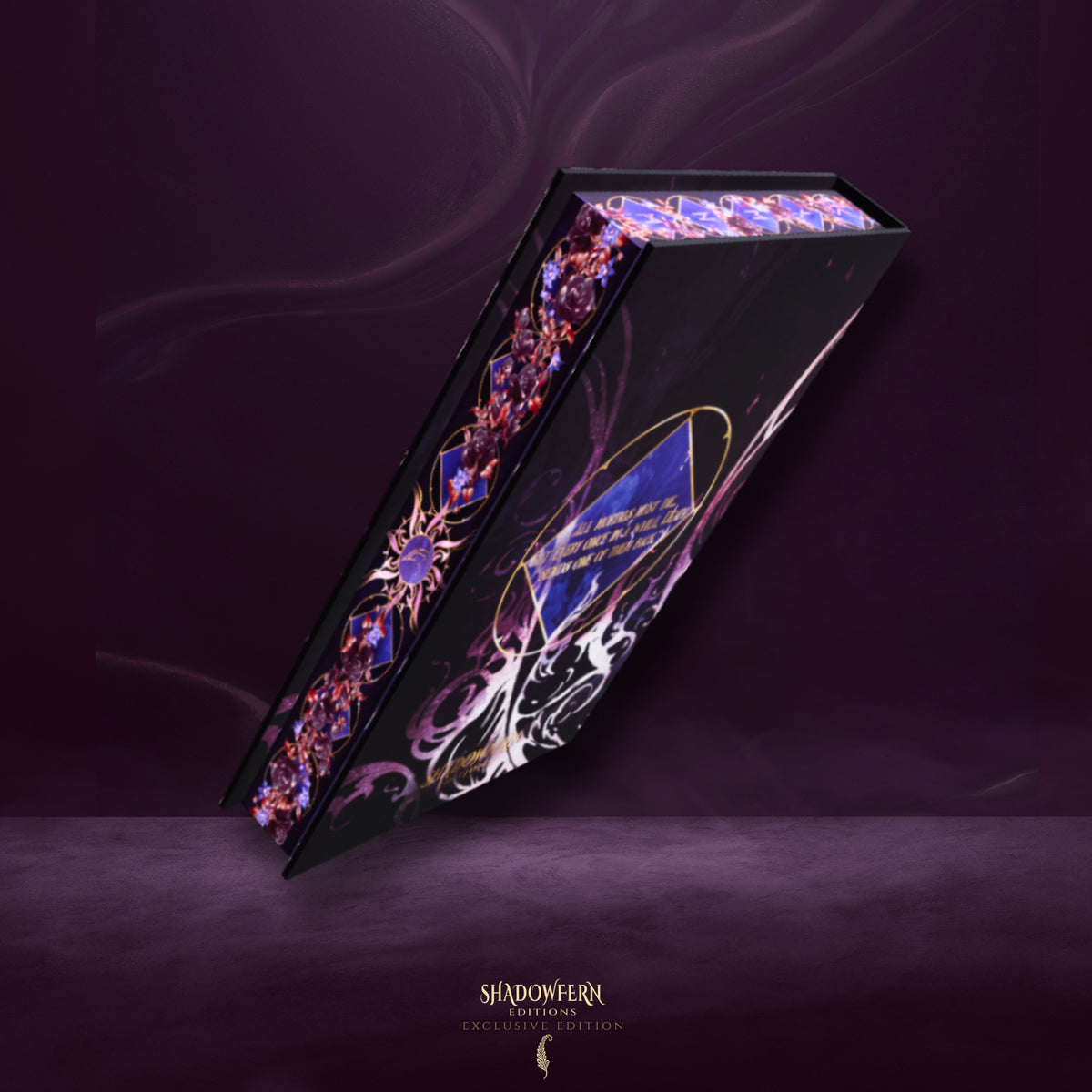 Angled view of The Death-Made Prince special edition hardcover, highlighting the decorative digitally sprayed edges and dark purple cover design.