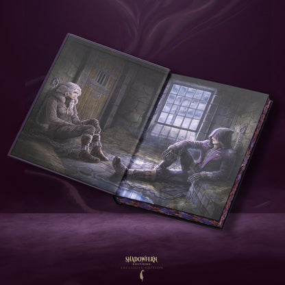 Open illustrated endpaper spread from The Death-Made Prince special edition, depicting two characters in a shadowy stone room with a window.