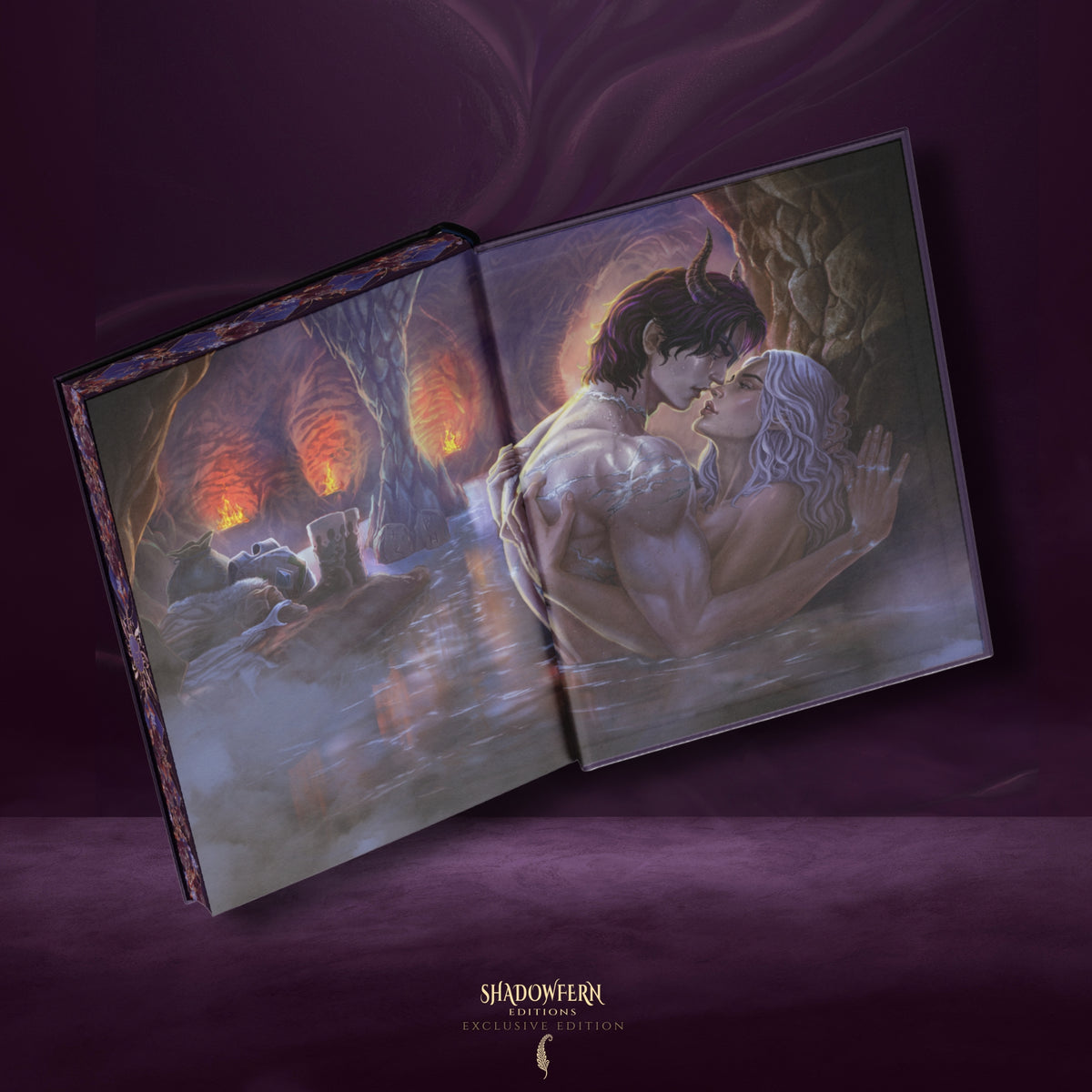 Open illustrated endpaper spread from The Death-Made Prince special edition, showing two characters together in a warm, firelit setting.