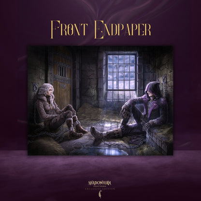 Exclusive illustrated endpaper artwork for The Death-Made Prince, depicting two characters in a dimly lit stone interior.