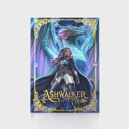  Rotating product video of the Shadowfern Editions special edition of Ashwalker by S.M. Gaither, featuring a dramatic blue and violet dragon cover, female fantasy character, ornate gold detailing and illustrated sprayed edges. The hardcover turns to reveal the spine, back cover and full wraparound fantasy artwork.